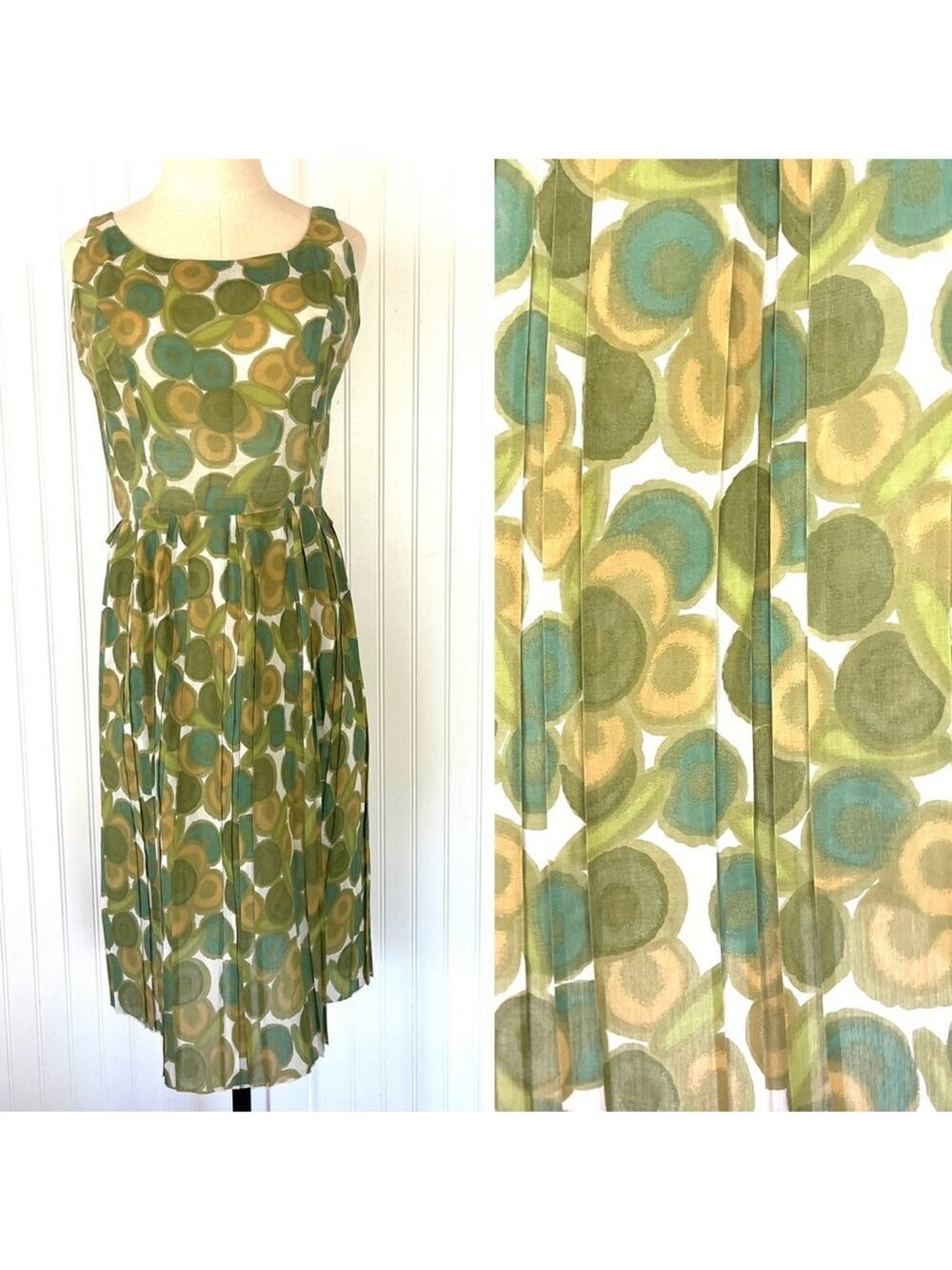Vintage 60s Green Patterned Pleated Midi Dress Size Medium Sleeveless Sheer Cute
